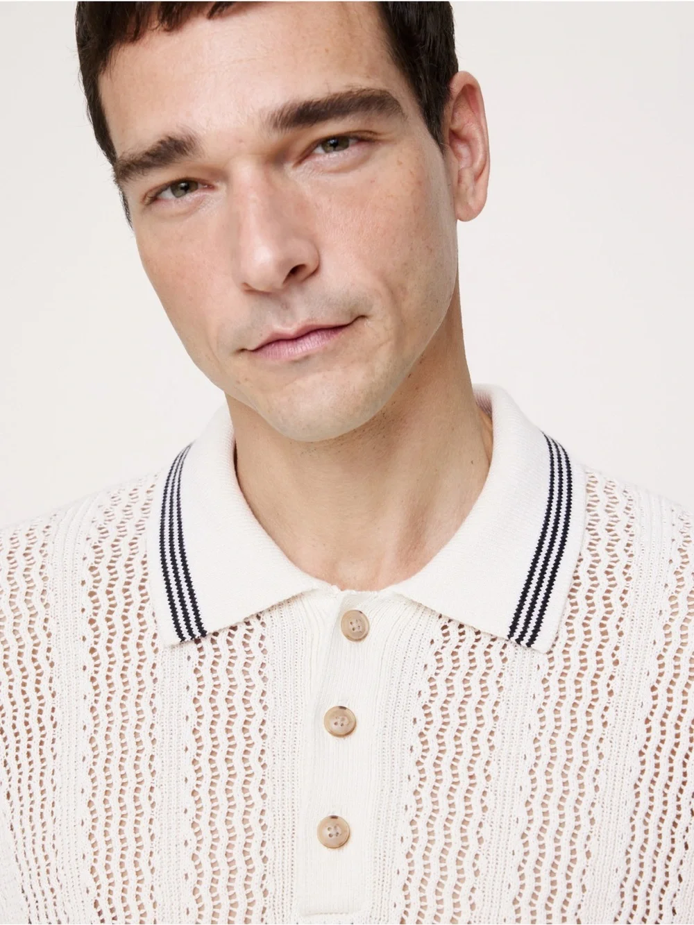Banana Republic Cream Knit Polo with Navy-Trim Collar